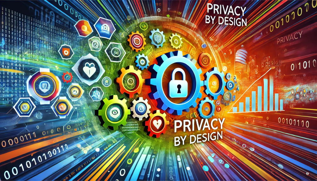 A vibrant and colorful illustration focusing on the term 'Privacy by Design.' The image should feature abstract representations of privacy integration